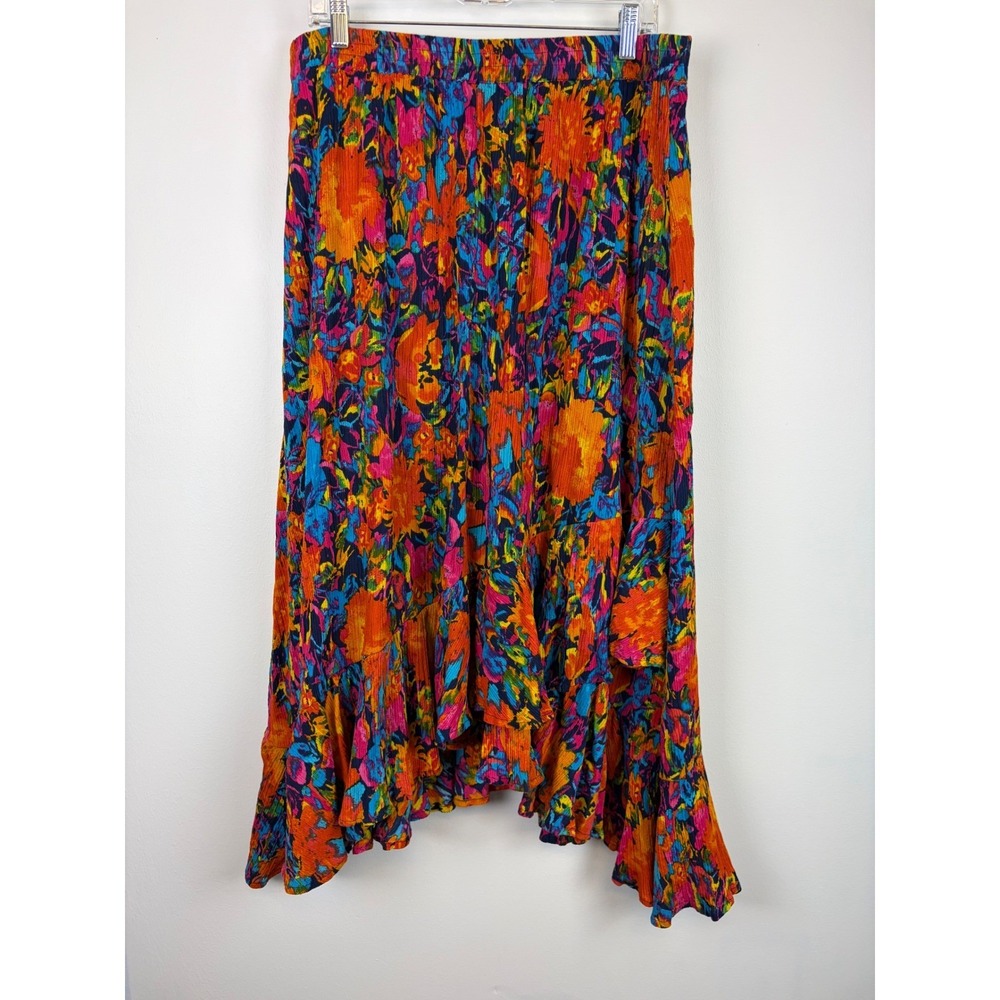 Jessica London Maxi Skirt 16W Bright Floral Boho Broomstick Crinkle Cotton Asym